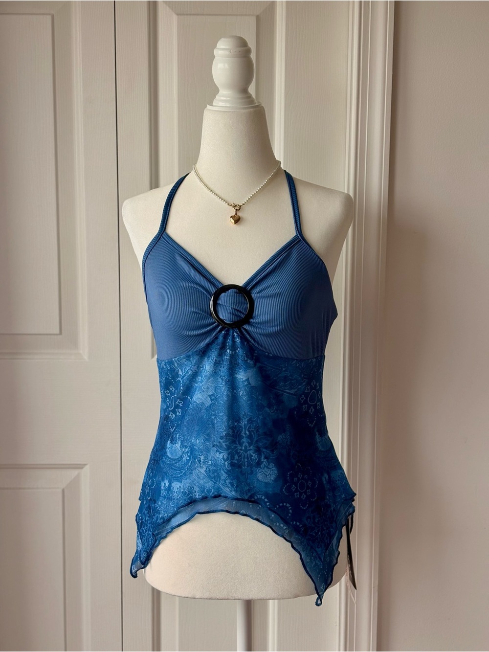 ROMWE Blue Lace-Trim Halter Tank with Ring Detail